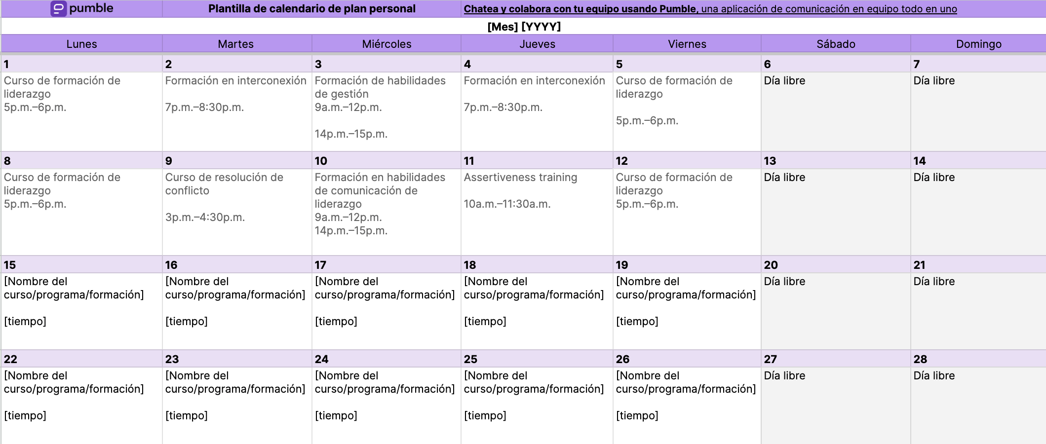 Plantilla de calendario de plan personal