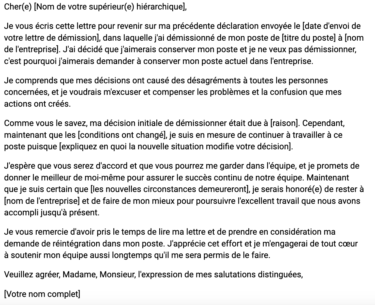 Exemple de lettre type pour revenir sur sa démission