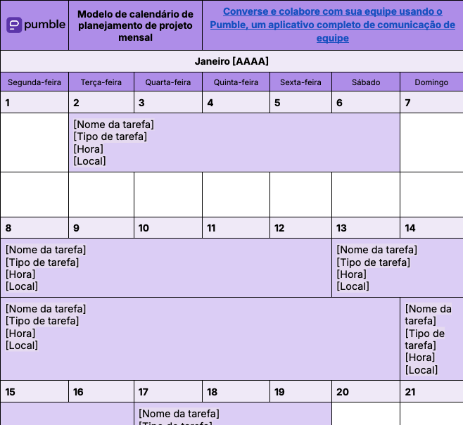 Modelo de calendário mensal de planejamento de projeto