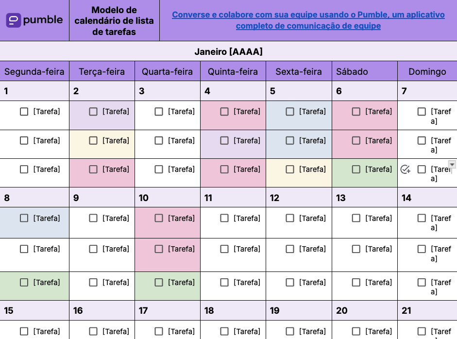 Modelo de calendário de lista de tarefas