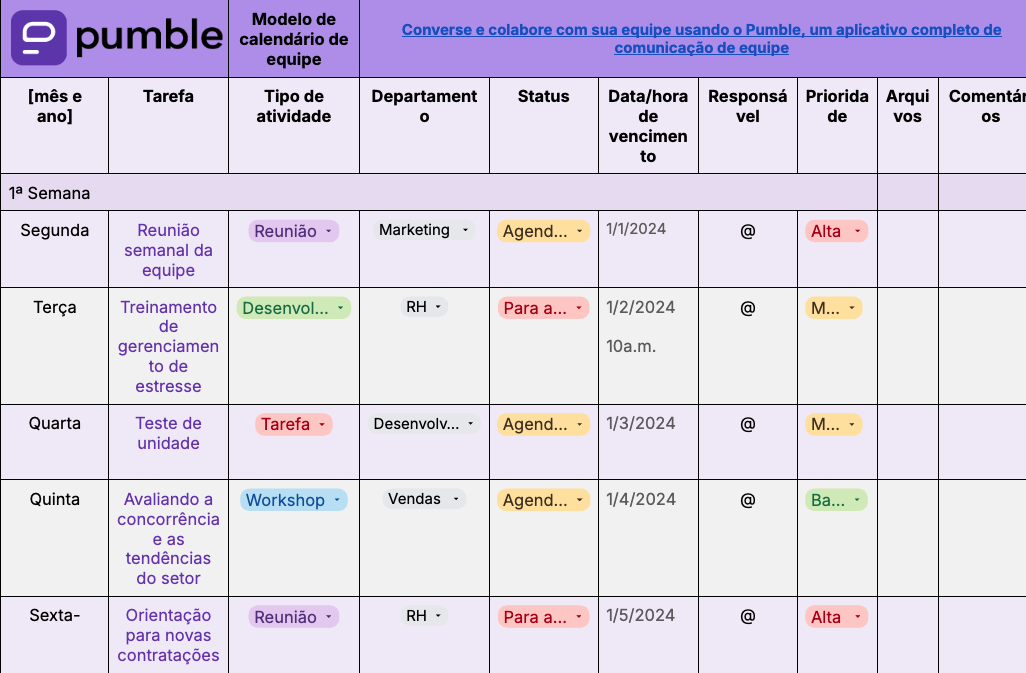 Modelo de calendário de equipe