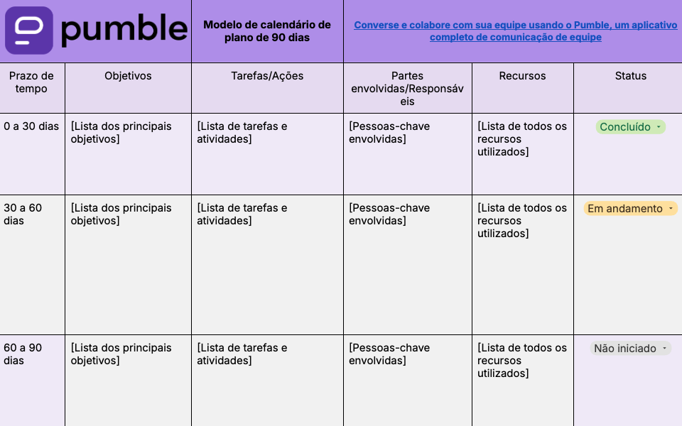 Modelo de calendário de plano de 90 dias