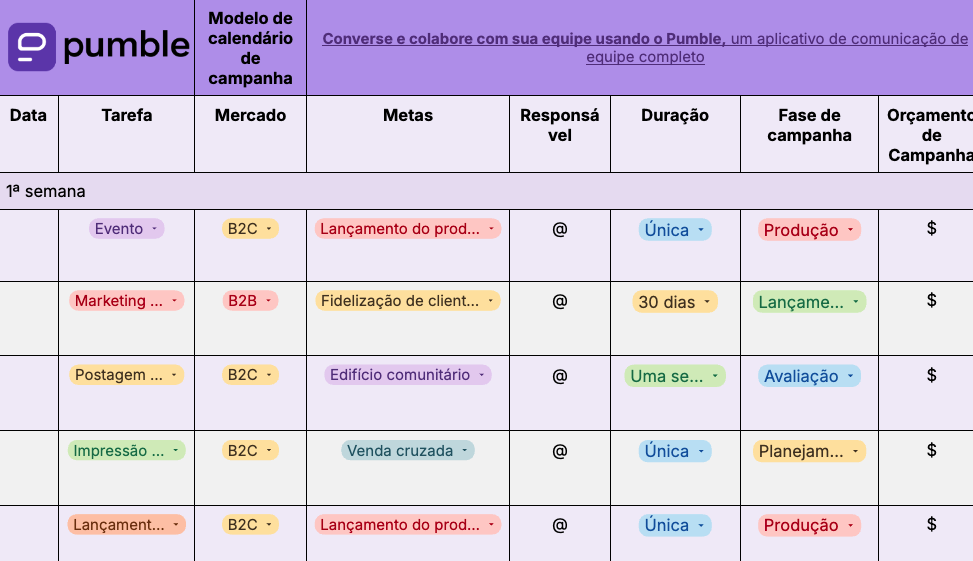 Modelo de calendário de campanha