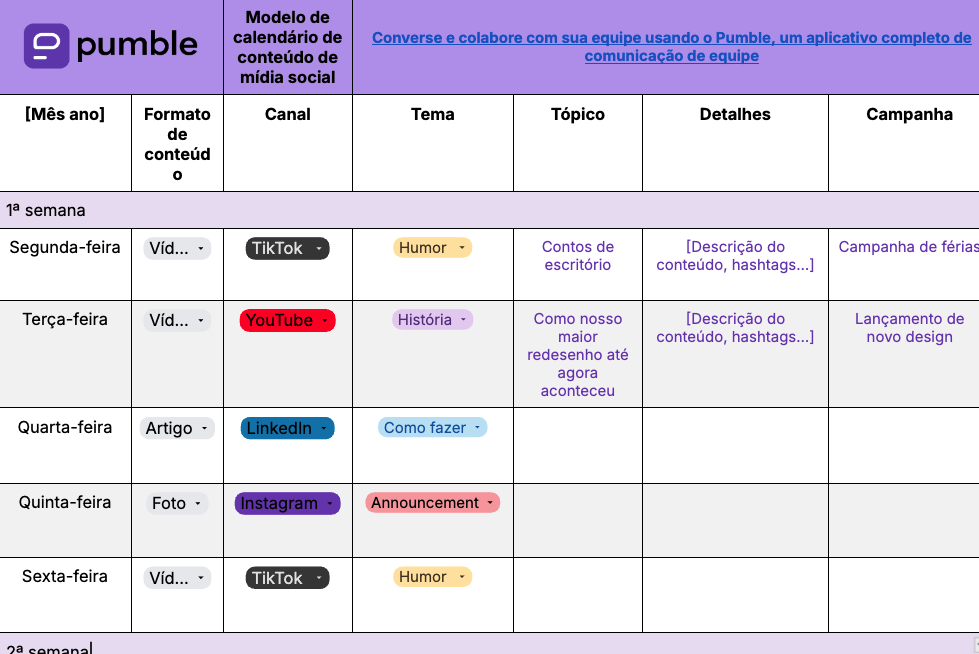 Modelo de calendário de conteúdo de mídia social