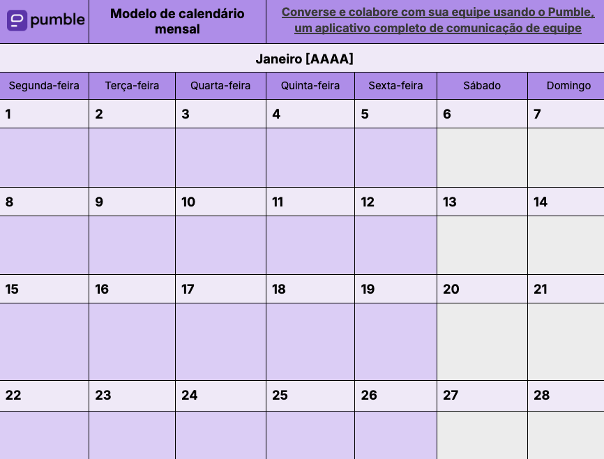 Modelo de calendário mensal