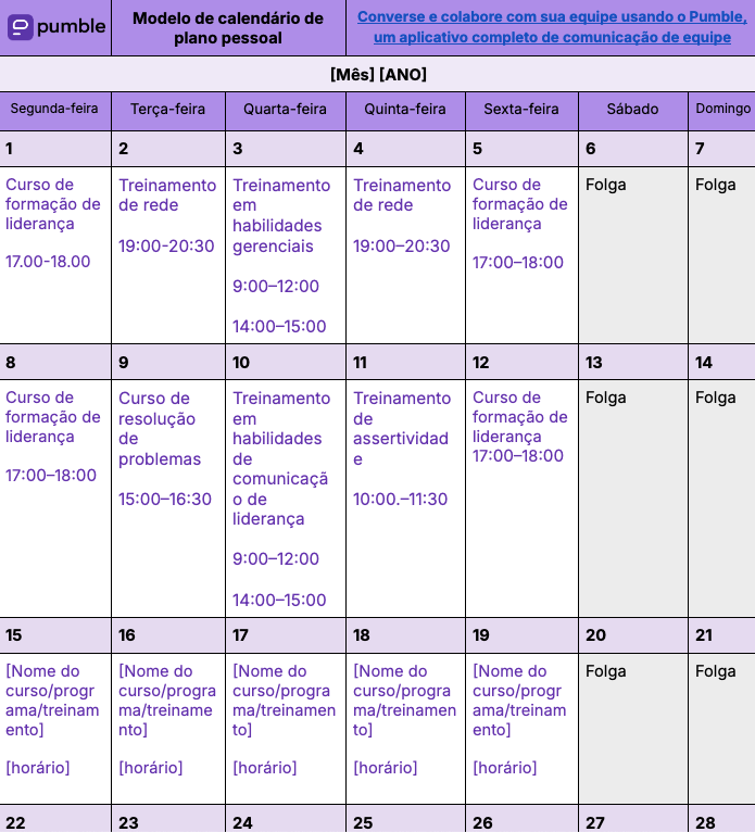 Modelo de calendário de plano pessoal