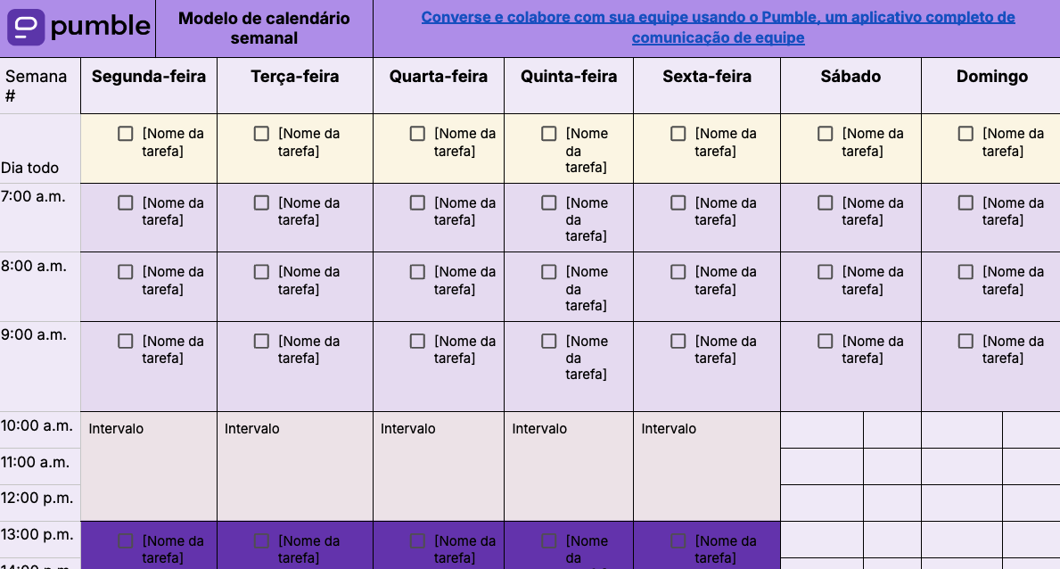 Modelo de calendário semanal