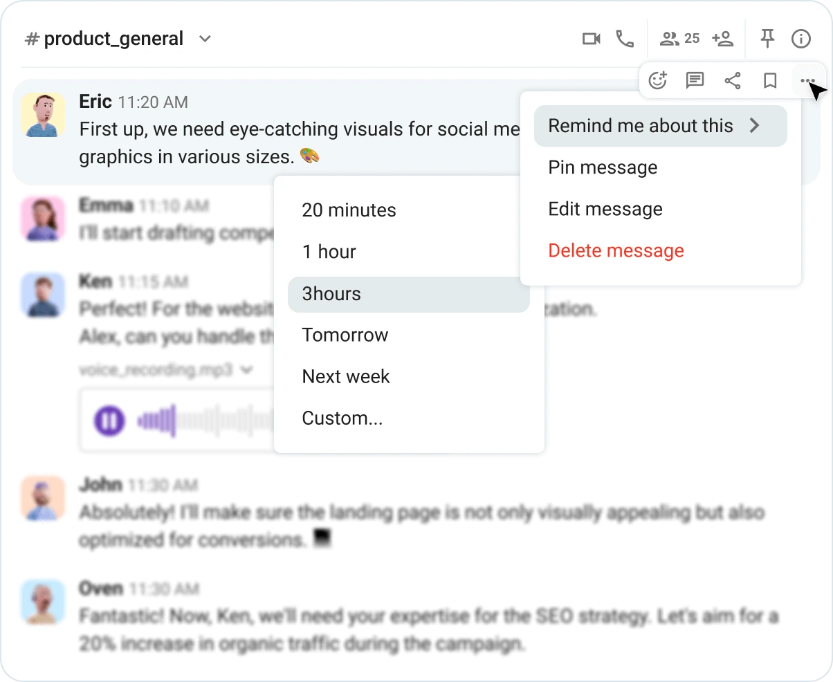 Setting a reminder for a message in Pumble