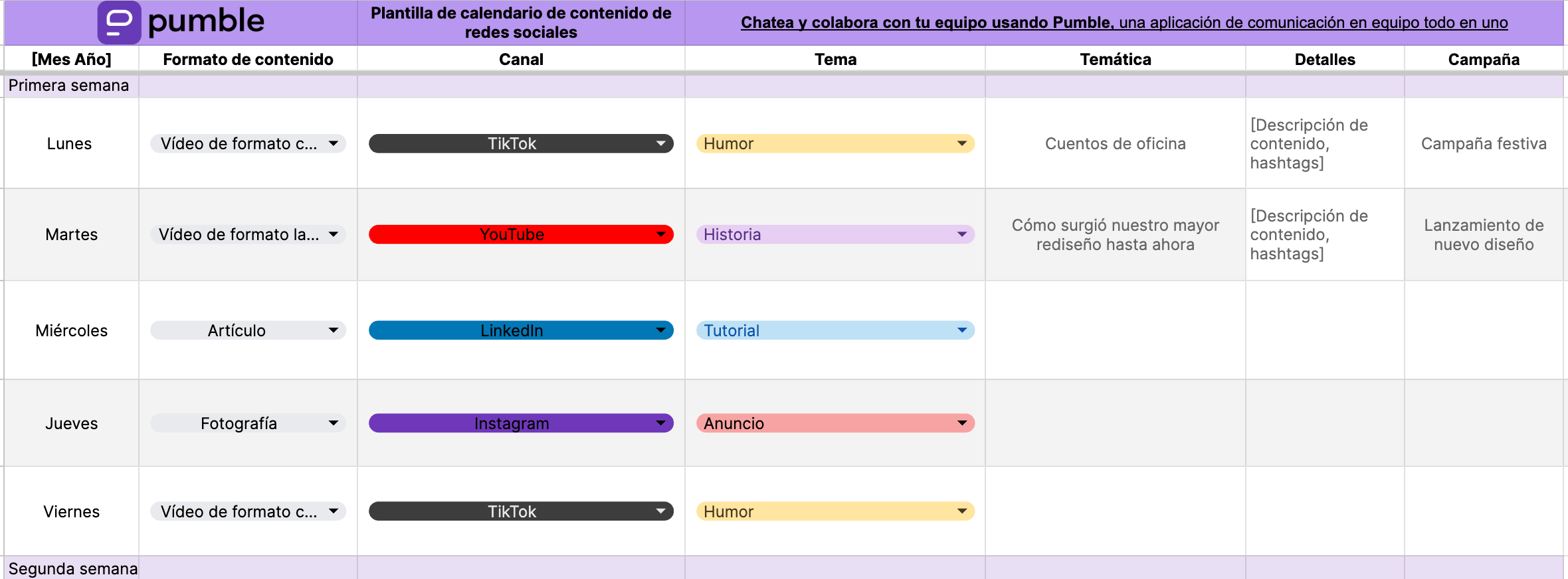 Plantilla de calendario de contenido de redes sociales