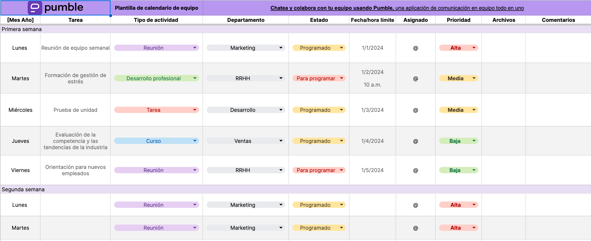 Plantilla de calendario de equipo