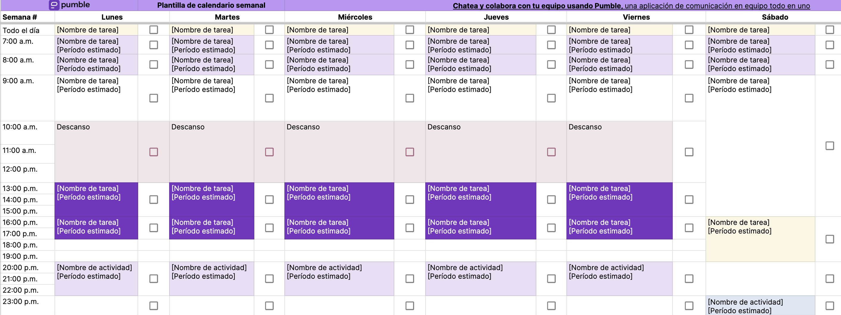 Plantilla de calendario semanal