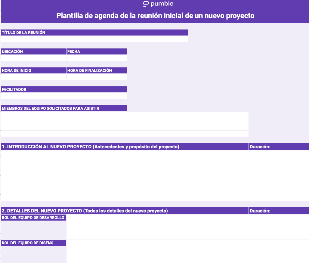 Un ejemplo de una plantilla de agenda de reunión de inicio de un nuevo proyecto