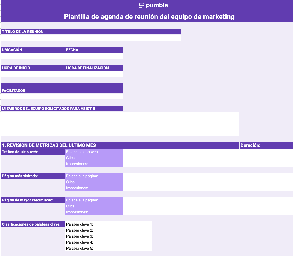 Un ejemplo de plantilla de agenda de reunión del equipo de marketing