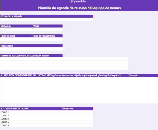 Un ejemplo de plantilla de agenda de reunión del equipo de ventas