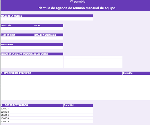 Un ejemplo de plantilla de agenda de reunión mensual de equipo