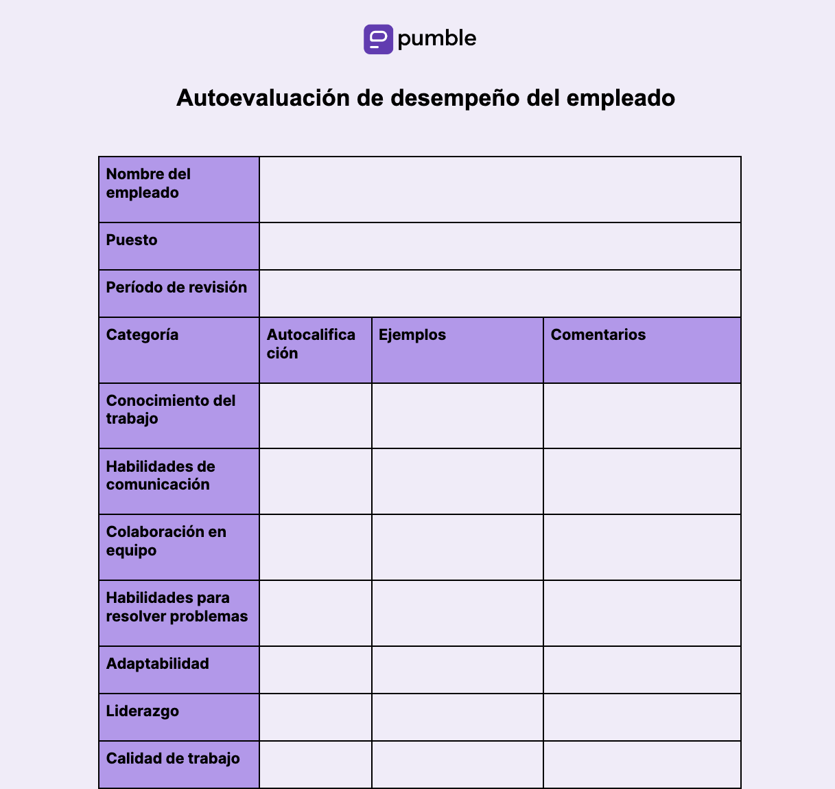 Plantilla de autoevaluación de empleado