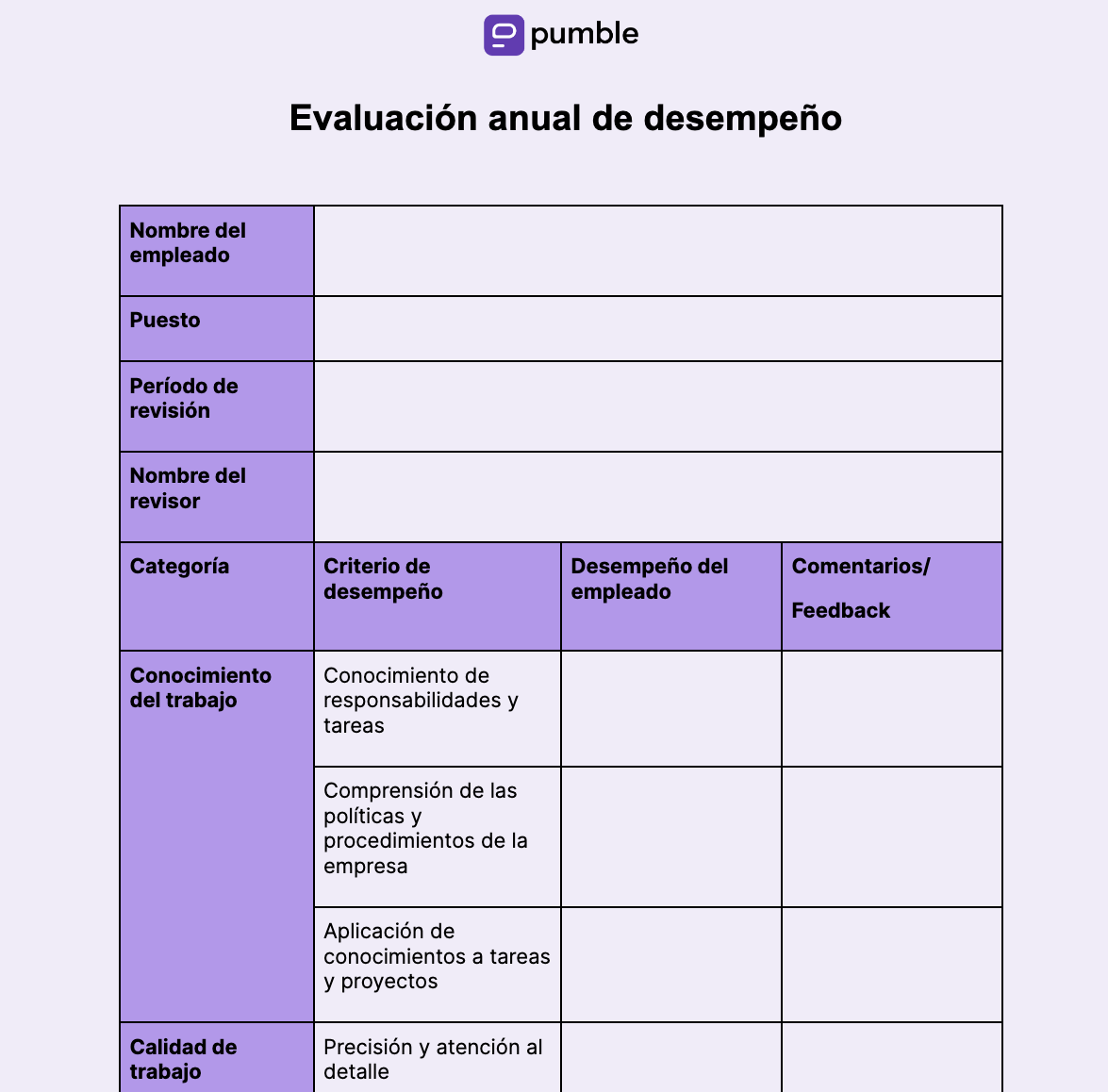 Plantilla de evaluación anual de desempeño