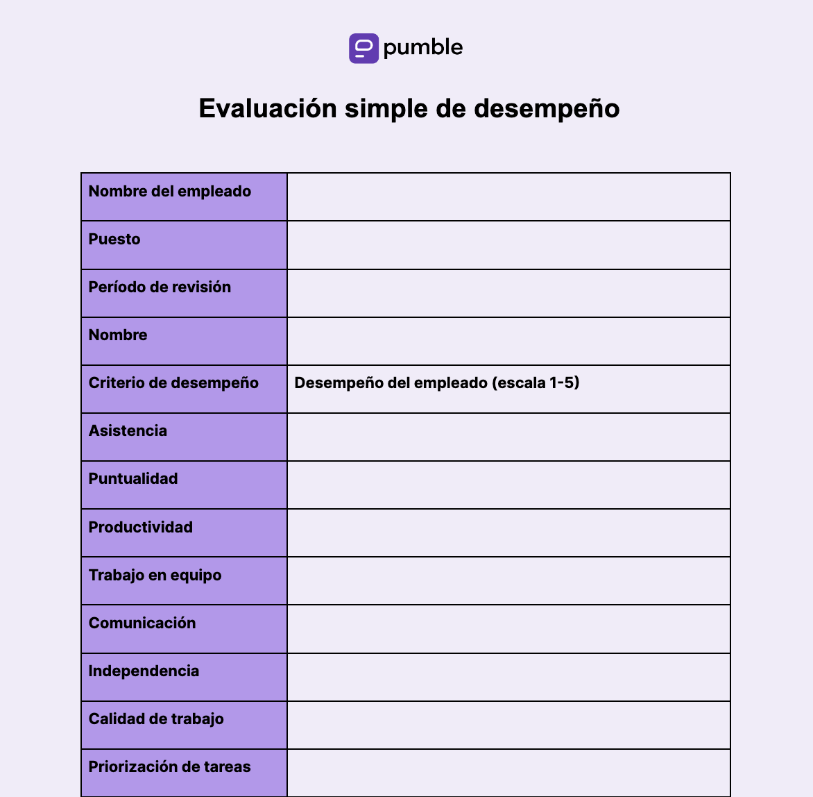 Plantilla simple de evaluación de desempeño