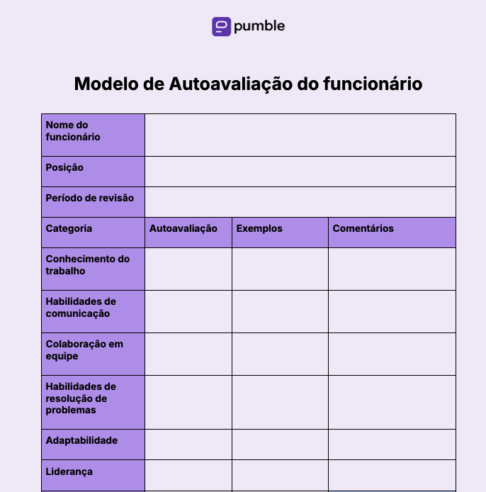 Modelo de Autoavaliação do funcionário