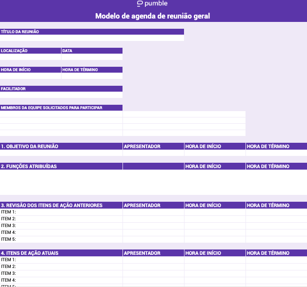 Um exemplo de modelo de agenda de reunião de equipe geral