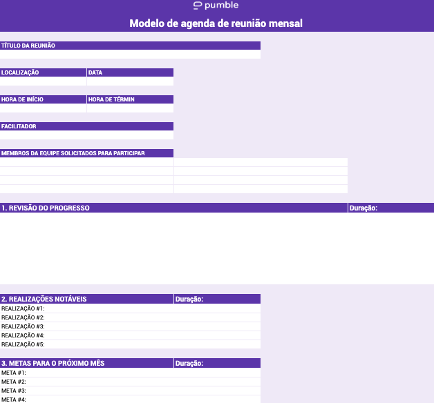 Um exemplo de modelo de agenda de reunião mensal