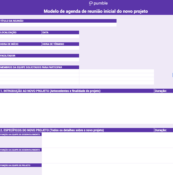 Um exemplo de modelo de agenda de reunião inicial de novo projeto