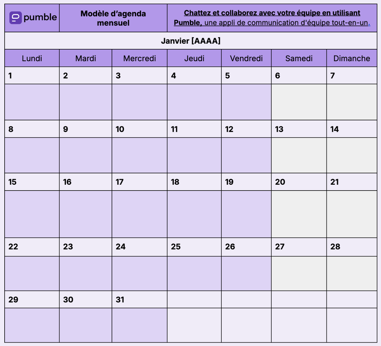 Modèle d’agenda mensuel