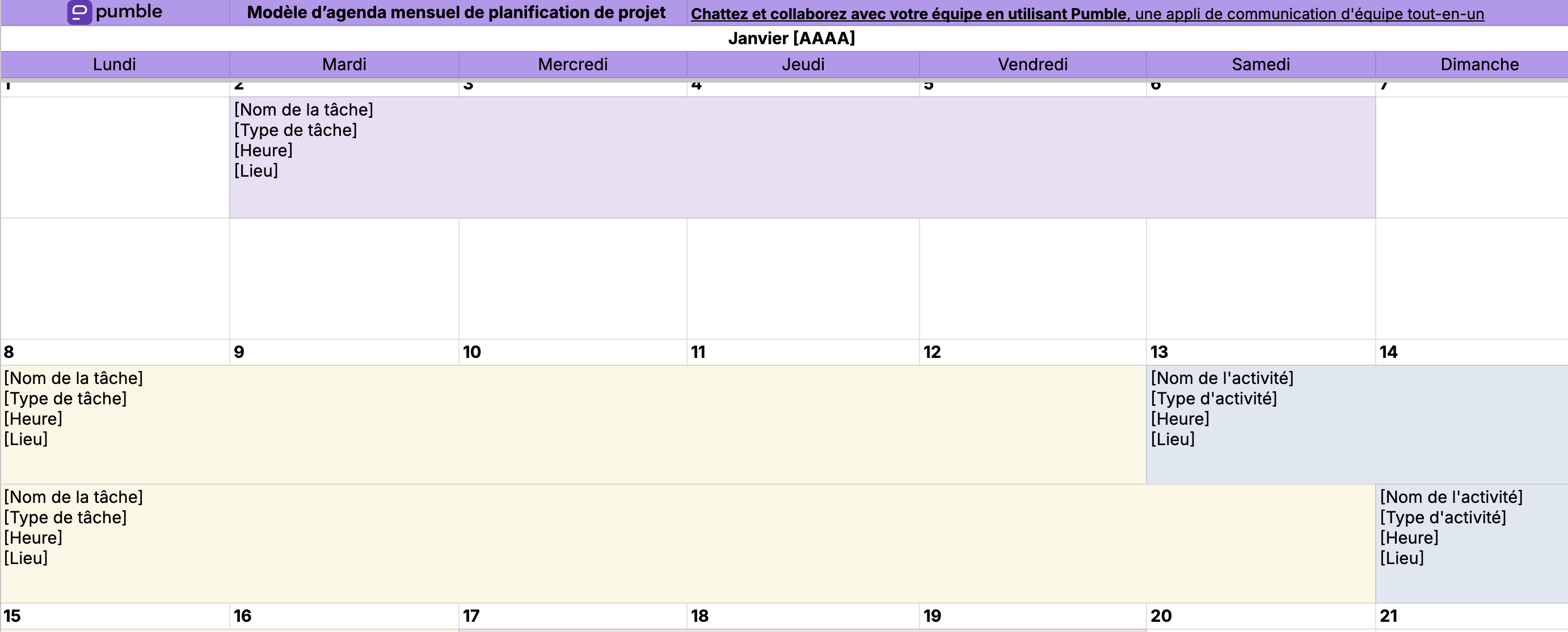 Modèle d'agenda mensuel de planification de projet