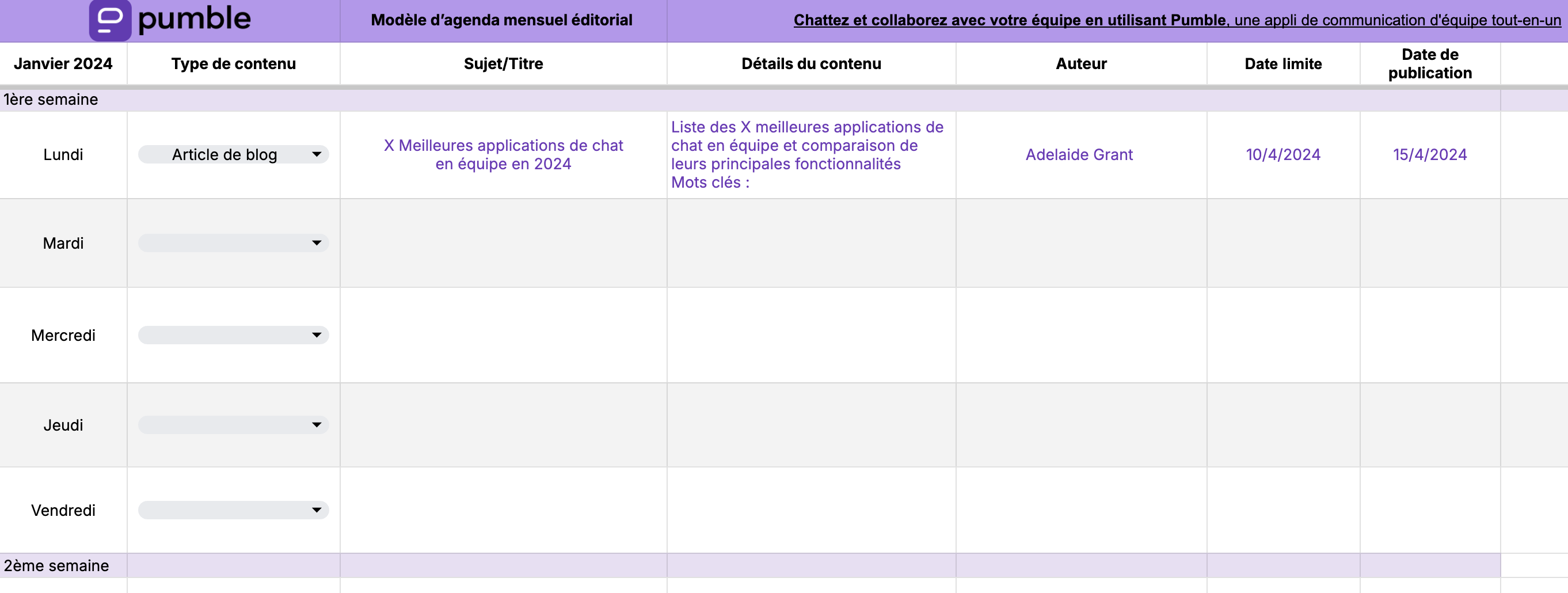 Modèle d’agenda mensuel éditorial mensuel