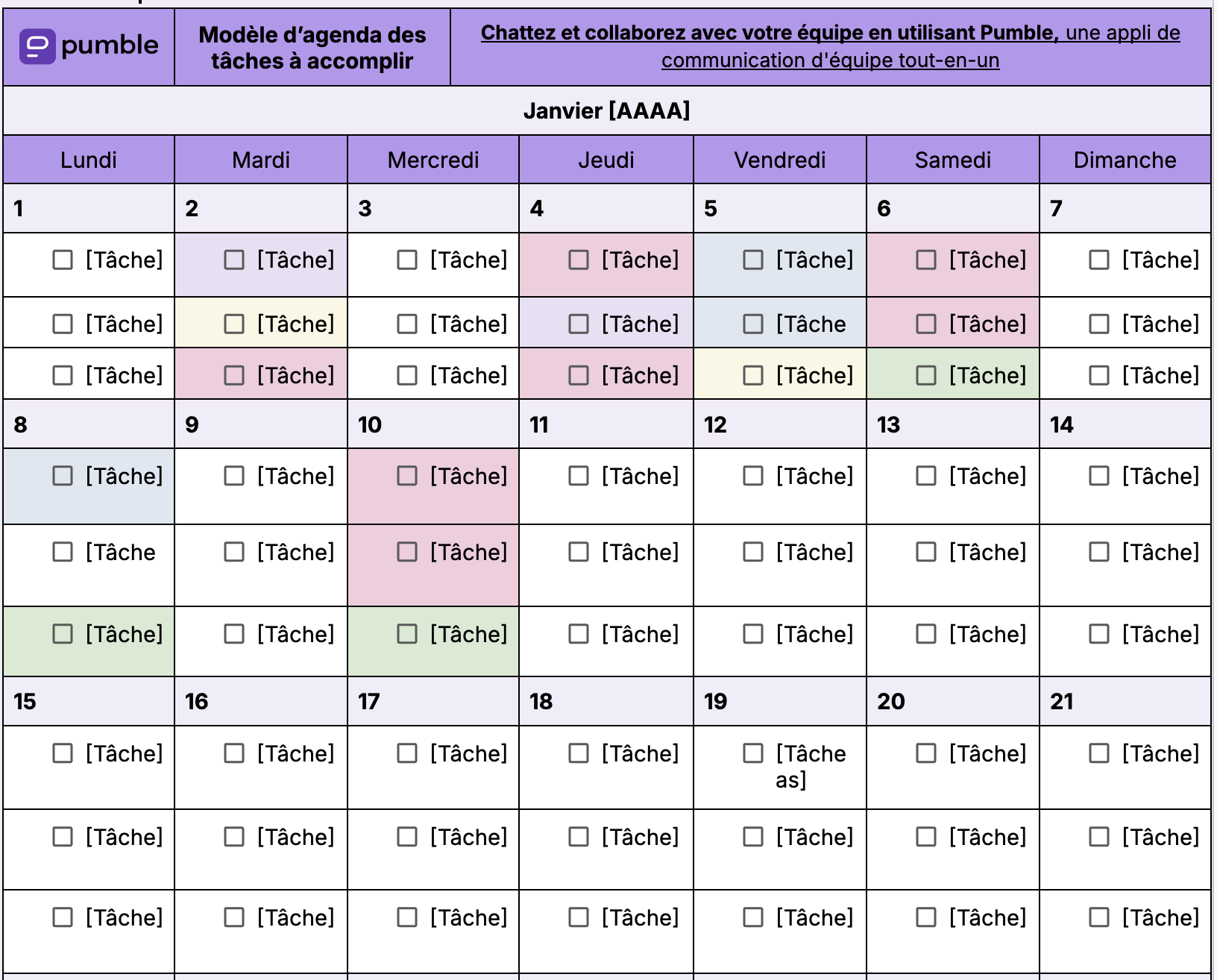 Modèle d’agenda des tâches à accomplir