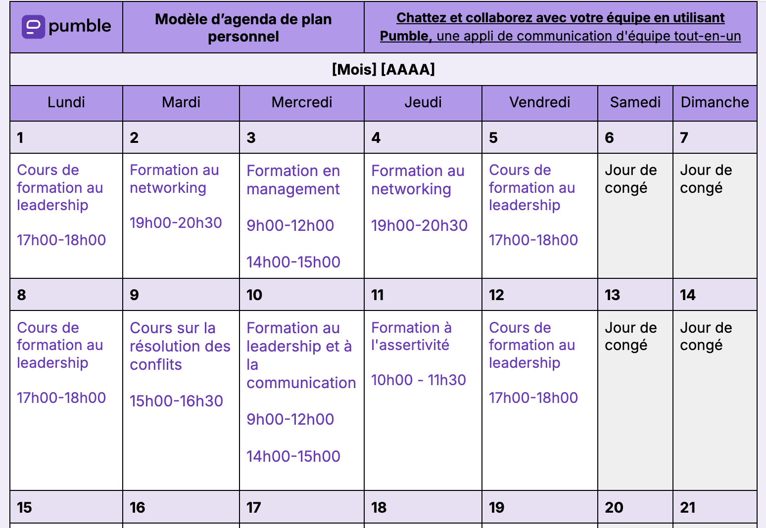 Modèle d’agenda de plan personnel