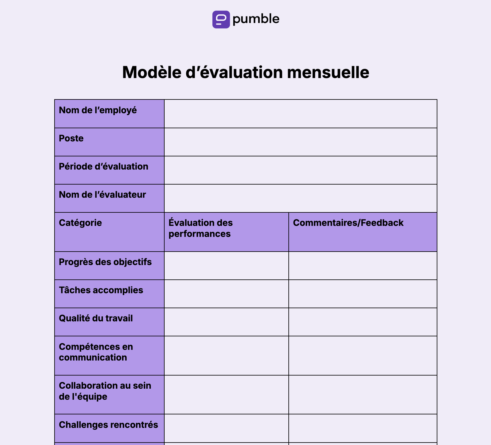 Modèle d’évaluation mensuelle