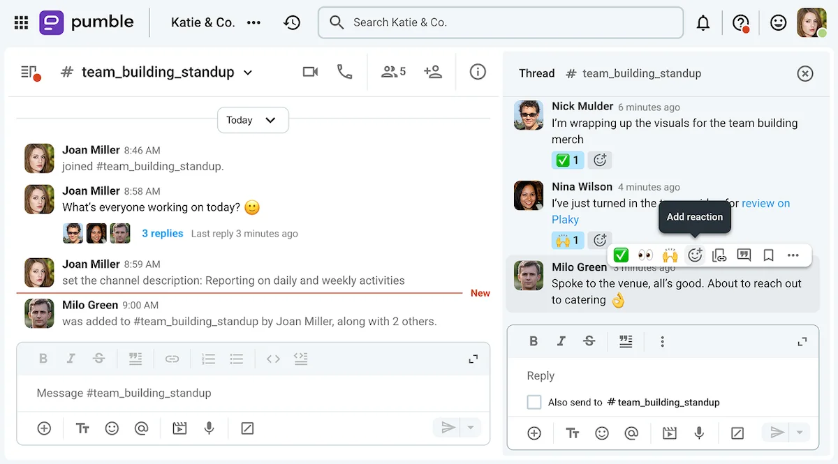 A daily standup channel with thread messages in Pumble, a business messaging app