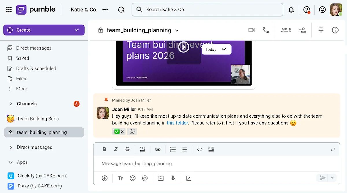 A pinned message in a project channel on Pumble, a team communication app