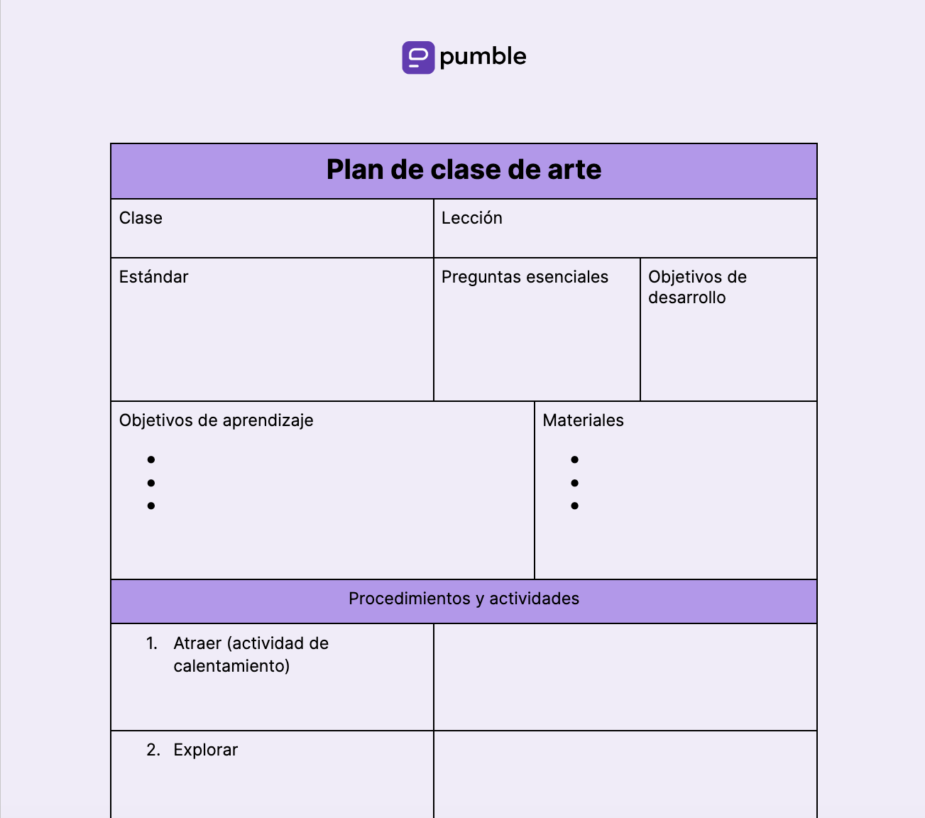 Plantilla de plan de clase de arte