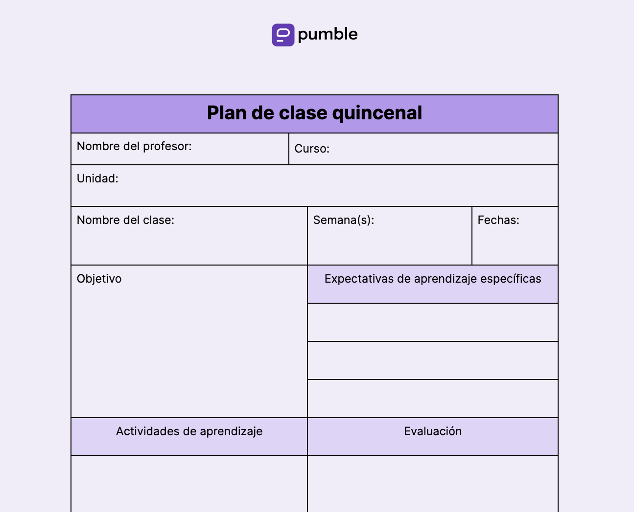 Plantilla de plan de clase quincenal