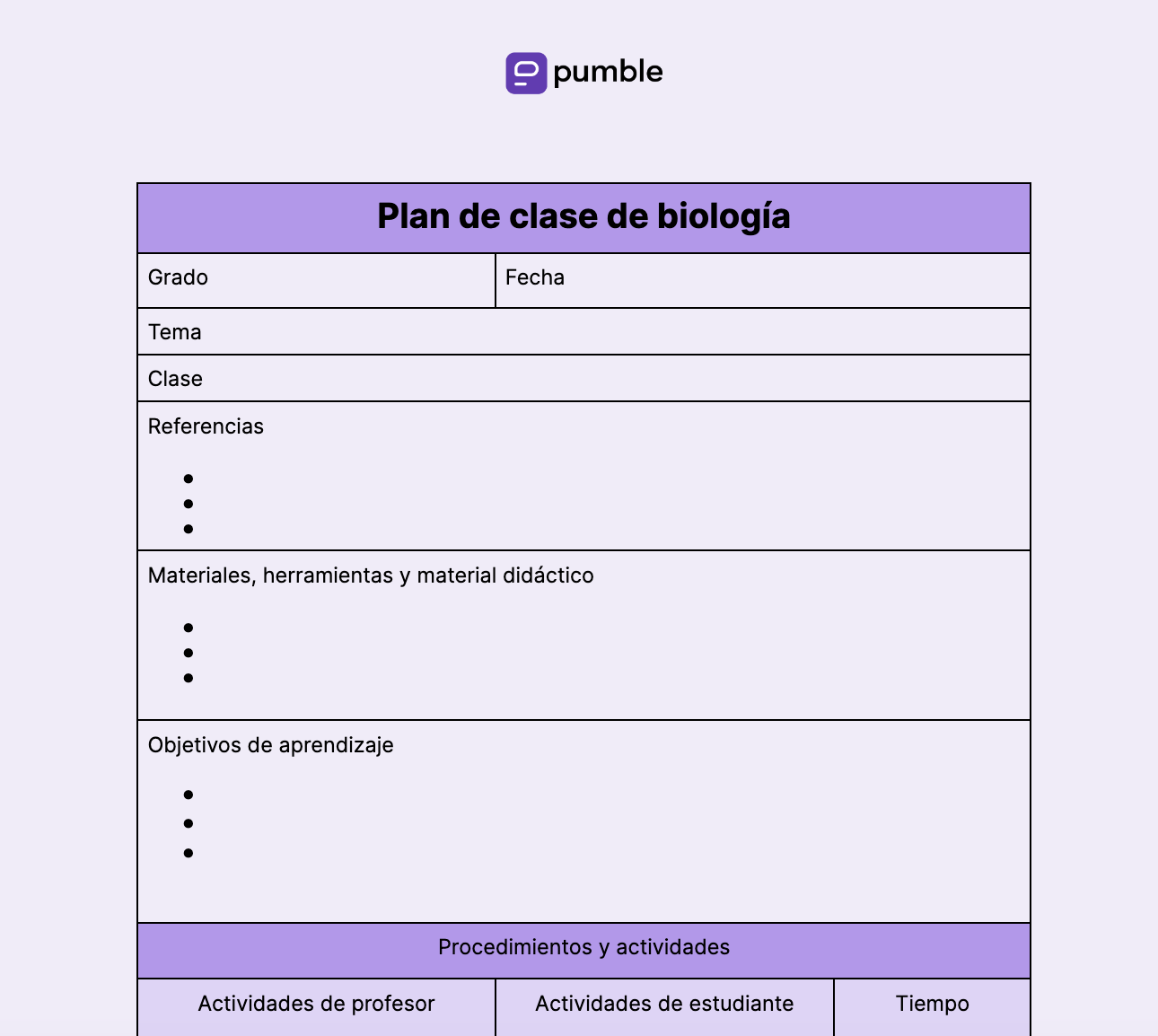 Plantilla de plan de clase de biología