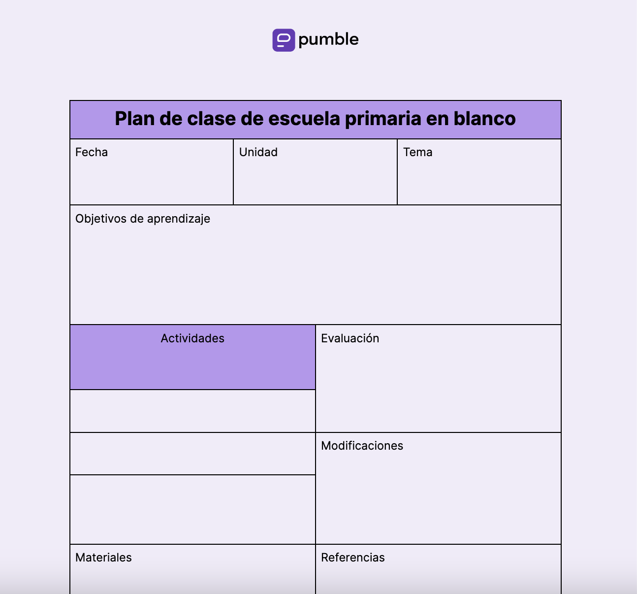 Plantilla de plan de clase de escuela primaria en blanco