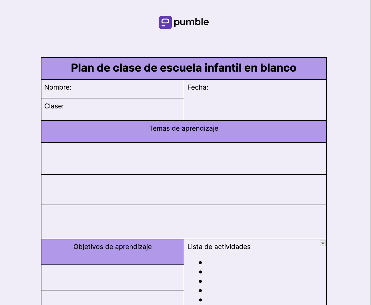 Plantilla de plan de clase de escuela infantil en blanco