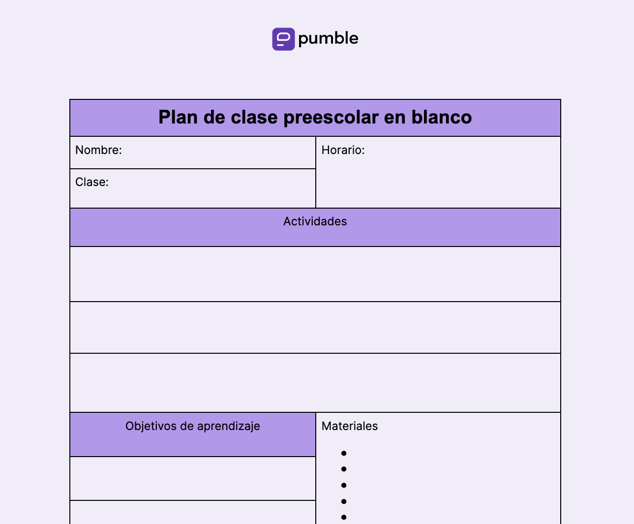 Descarga la plantilla de plan de clase preescolar en blanco