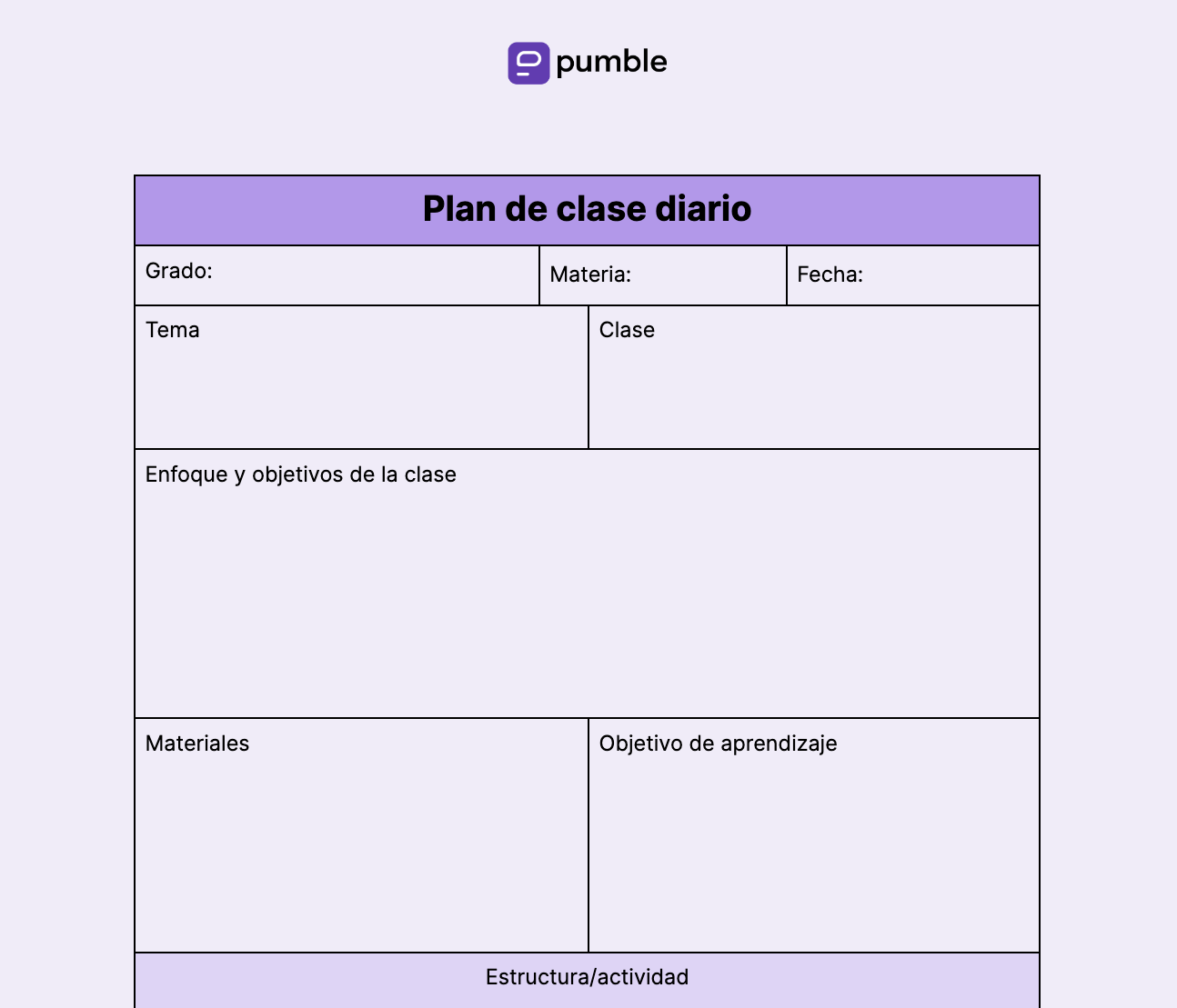 Plantilla de plan de clase diario