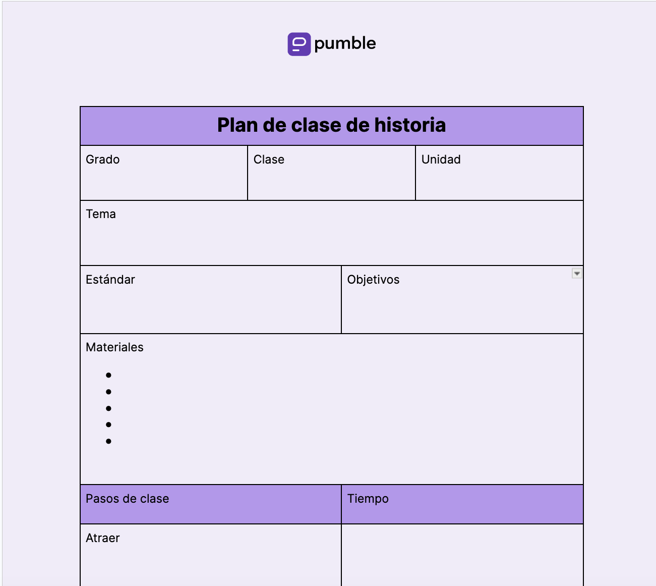 Plantilla de plan de clase de historia