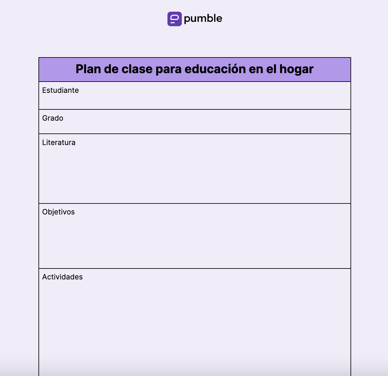 Plantilla de plan de clase para la educación en el hogar