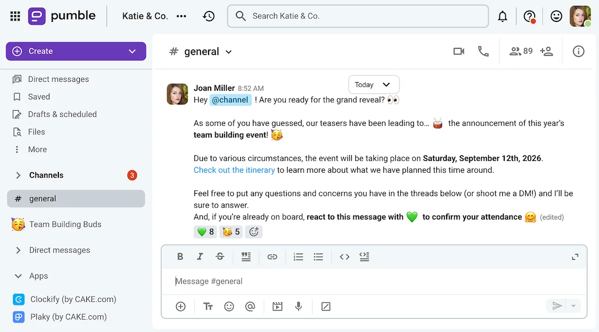 Joan announces the upcoming team building event on Pumble, a team communication app