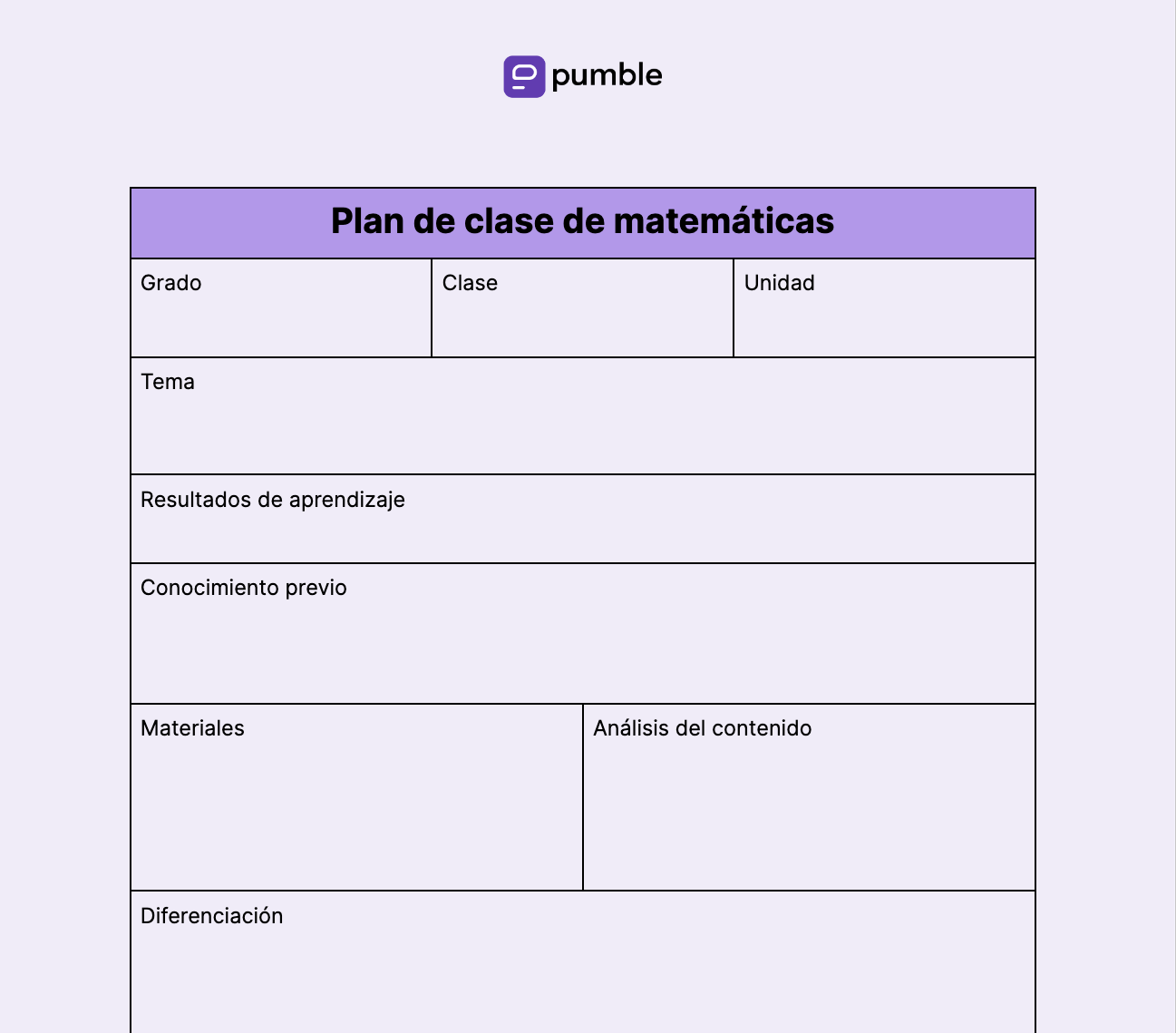 Plantilla de plan de clase de matemáticas