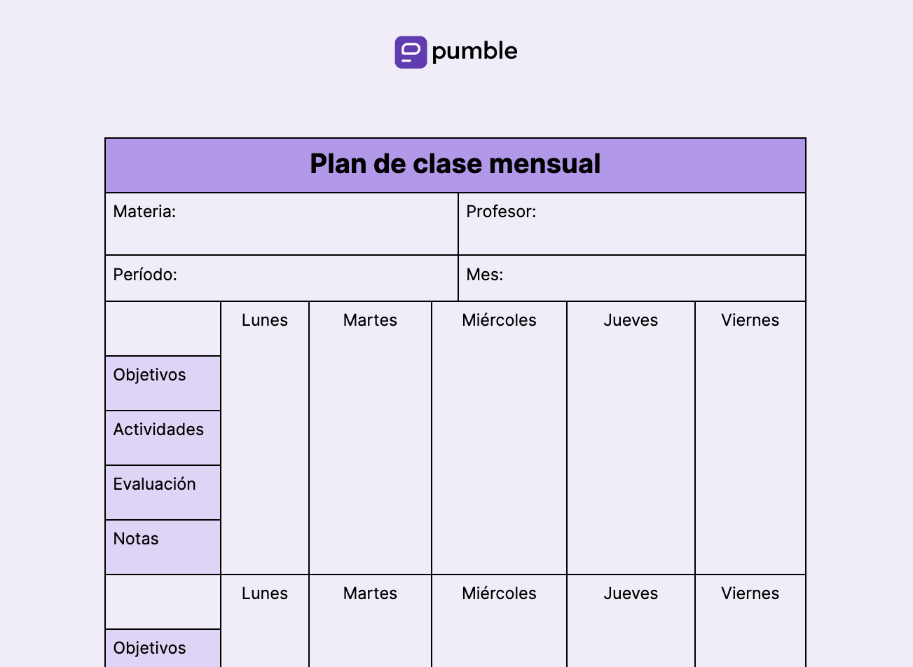 Plantilla de plan de clase mensual