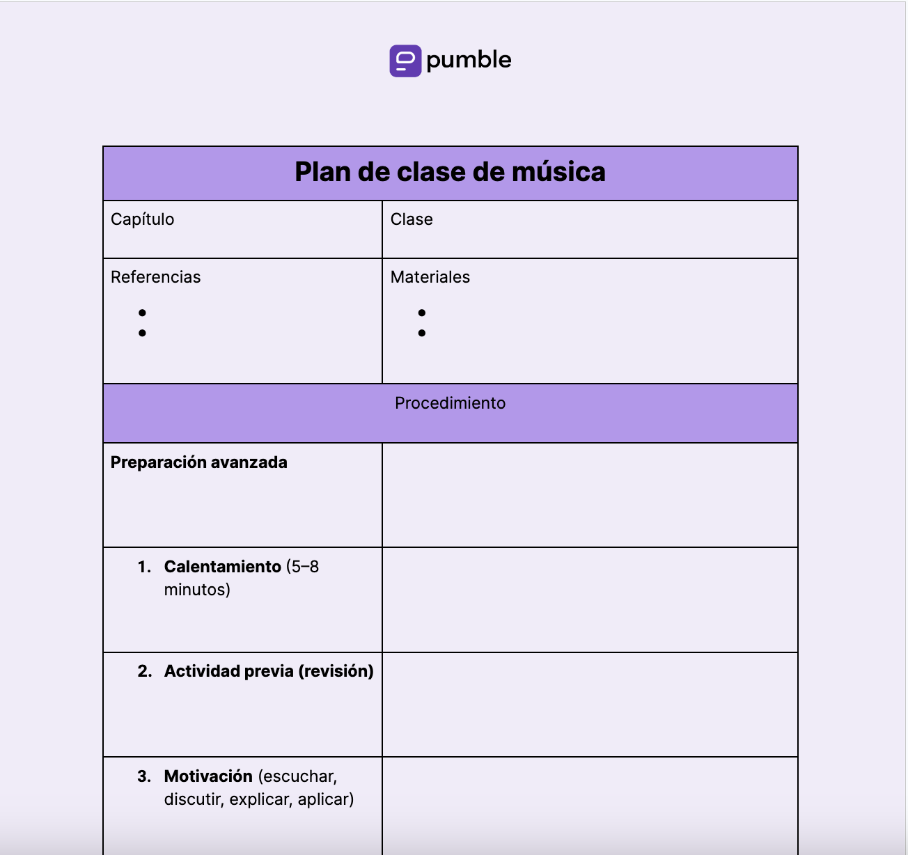 Plantilla de plan de clase de música