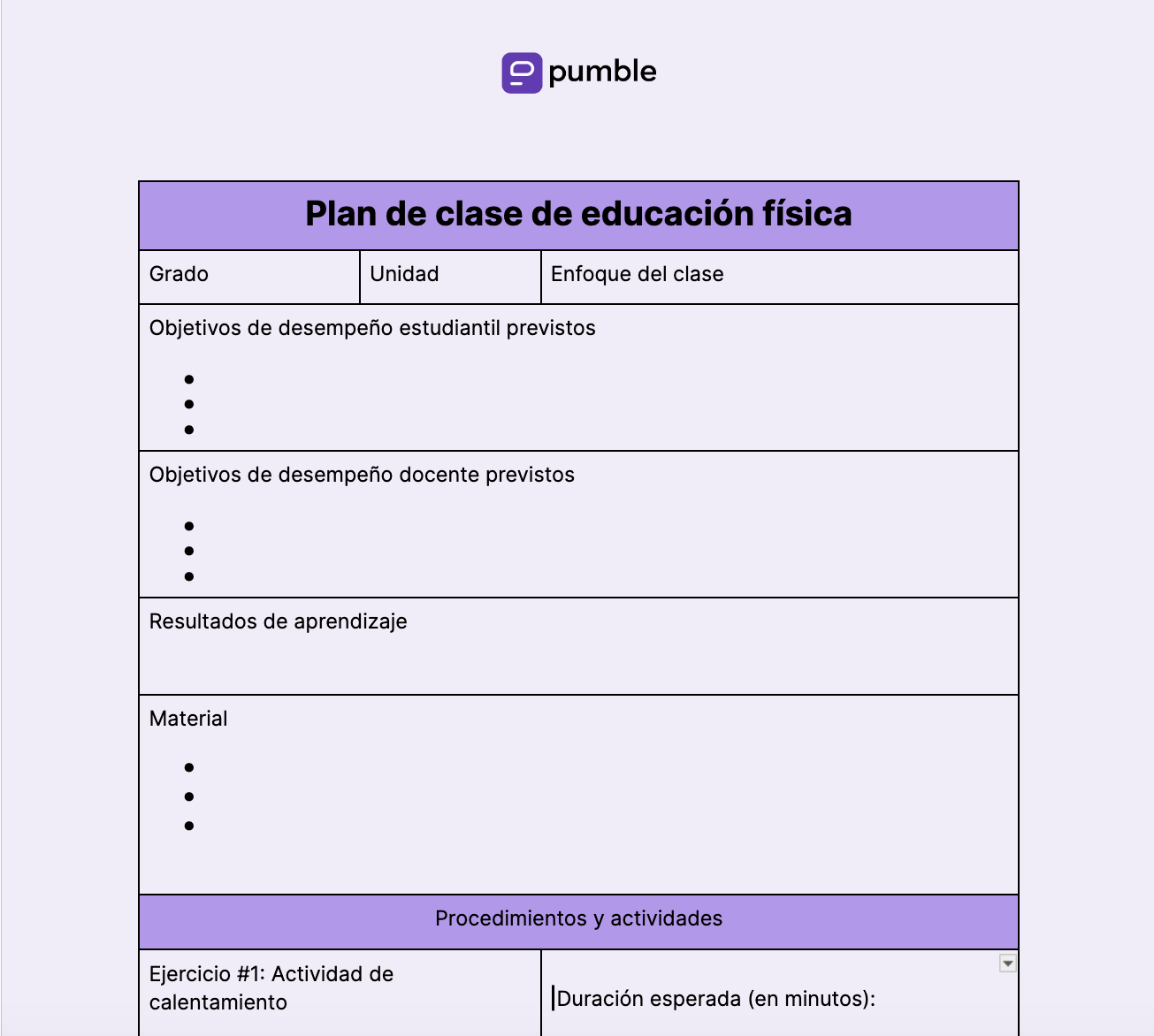 Plantilla de plan de clase de educación física