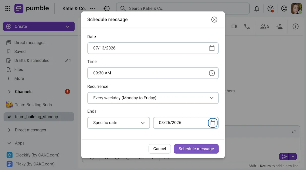 Recurring message scheduling on Pumble, a business messaging app