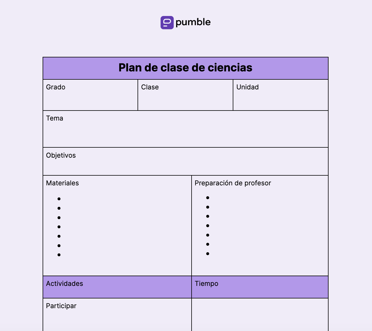 Plantilla de plan de clase de ciencias